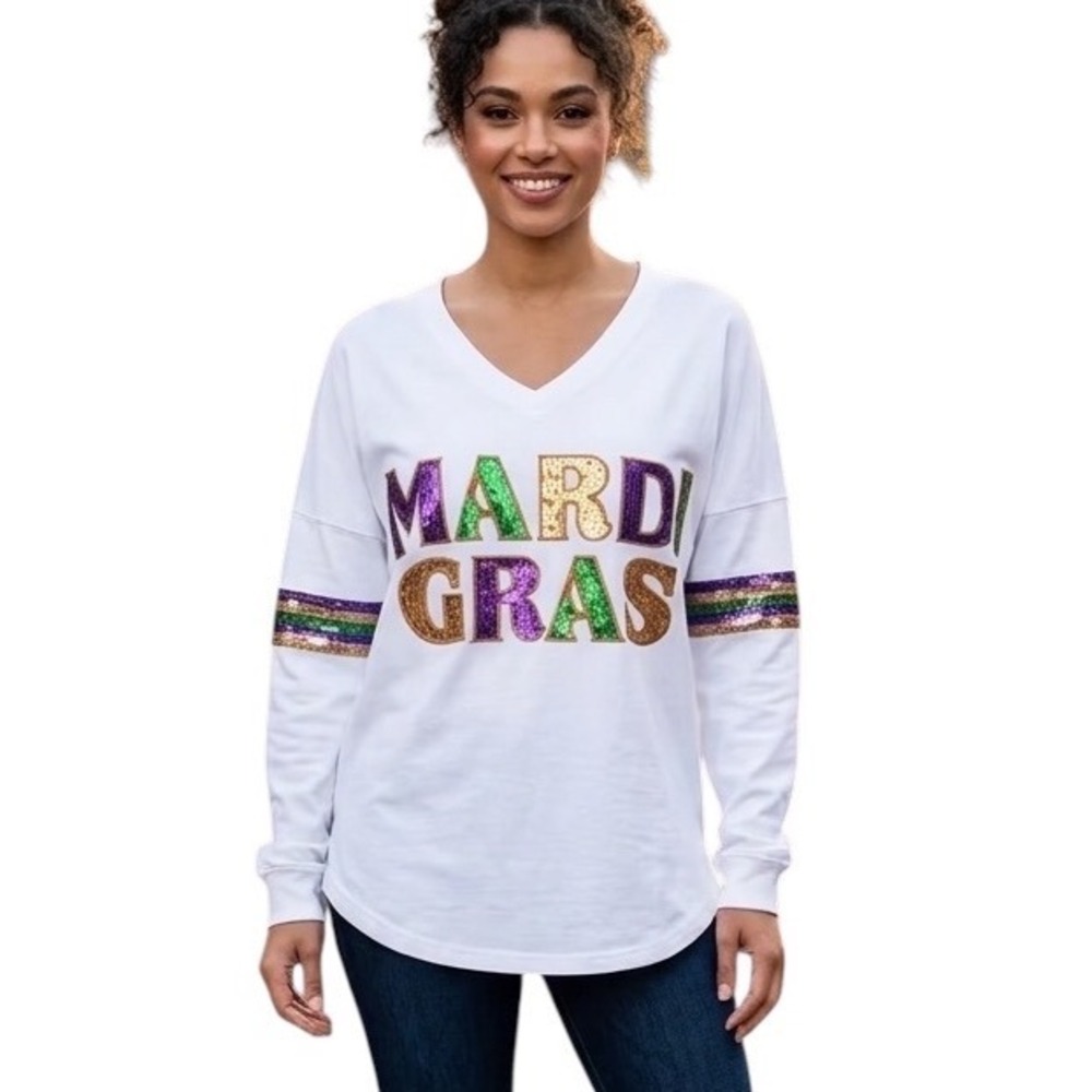 YoYo Mardi Gras Parade Sequin Spirit Jersey Long Sleeve White V-Neck Top Small